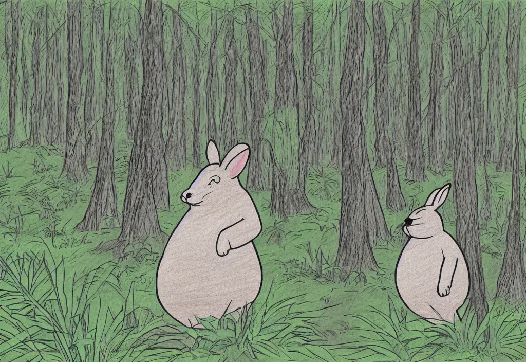 Image similar to drawing of a sighting of big chungus in a forest, award winning drawing, high detail