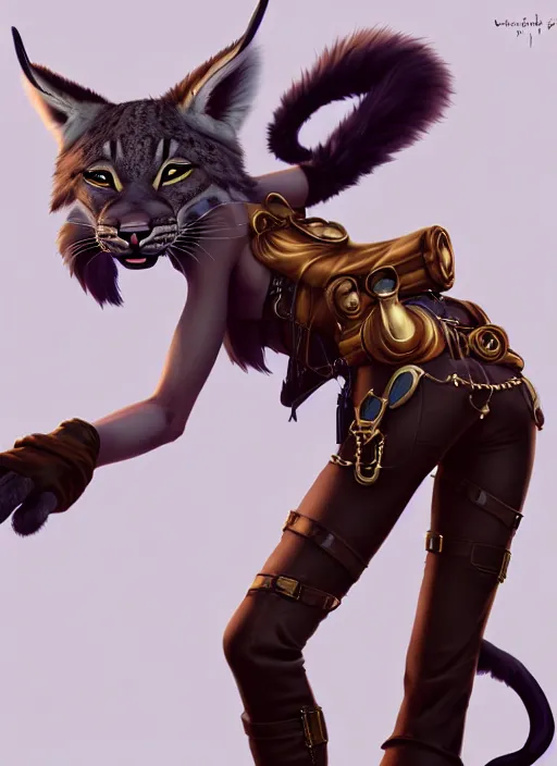 Image similar to wide angle beautiful full body portrait of a strong female anthropomorphic anthro lynx fursona wearing a steampunk leather pants. from behind, character design by disney, anime, manga, charlie bowater, ross tran, artgerm, and makoto shinkai, detailed, soft lighting, rendered in octane, white fur