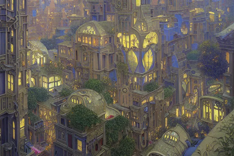 Image similar to beautiful painting of an art moderne city, glowing windows. reflective detailed textures, moth wings and flowering vines and brushed steel, highly detailed dark fantasy science fiction painting by donato giancola and peter mohrbacher and nicholas roerich and diego rivera, elaborate geometric ornament, silver and cool colors. artstation