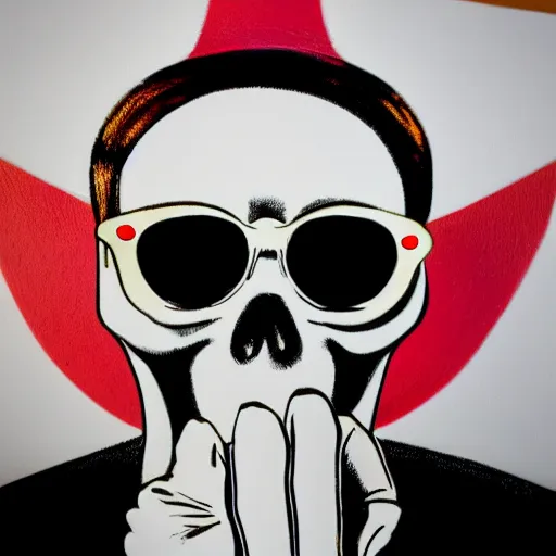 Prompt: beautiful portrait of skeleton in sunglasses with thumbs up in the center, nuclear explosion in the background, trending on Artstation, realistic, HD, 4K, five fingers, highly detailed, high quality, heat smoke, reflections, anatomically accurate skull