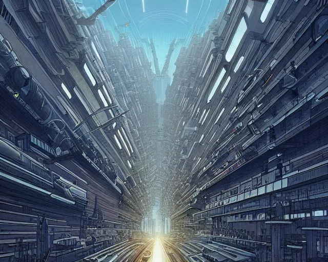 Prompt: alien supercity, dense metropolis, brutalist architecture, bizarre and imposing megastructures, vanishing point perspective, drone speedways, twilight, style of Michael Whelan