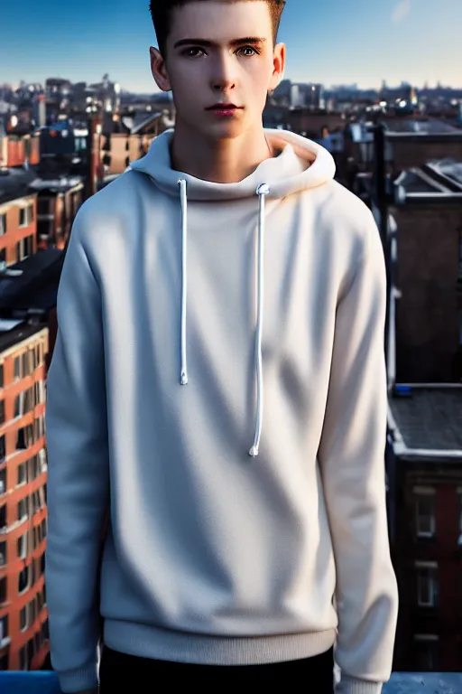 Image similar to un ultra high definition studio quality photographic art portrait of a young man standing on the rooftop of a british apartment building wearing soft padded silver pearlescent clothing. three point light. extremely detailed. golden ratio, ray tracing, volumetric light, shallow depth of field. set dressed.