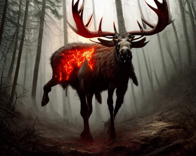 Image similar to 5 5 mm close up portrait photo of an armored demonic burning moose with red eyes and antlers and looking at the camera, in a magical forest. dark atmosphere. art by greg rutkowski and luis royo. highly detailed 8 k. intricate. lifelike. soft light. nikon d 8 5 0.