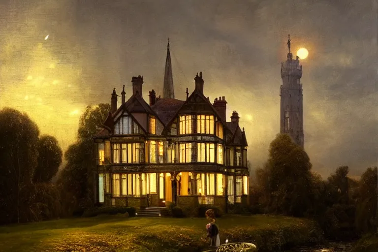 Image similar to a beautiful hyperrealistic painting of a british victorian house with a tower at night, very detailed by andrea kowch, and giovanni paolo paninni and samuel and joseph newsom