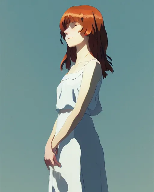 Image similar to young southern woman, freckle, ginger hair, sad cerulean eyes, simple cream dress, detailed perfect face, exquisite details, mid view, design on a white background, by studio muti, greg rutkowski makoto shinkai takashi takeuchi studio ghibli