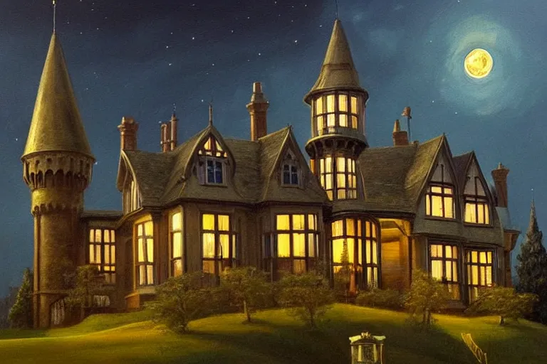 Image similar to a beautiful painting of a victorian house with bay windows, and a tower at night, very detailed by samuel and joseph newsom, harry potter