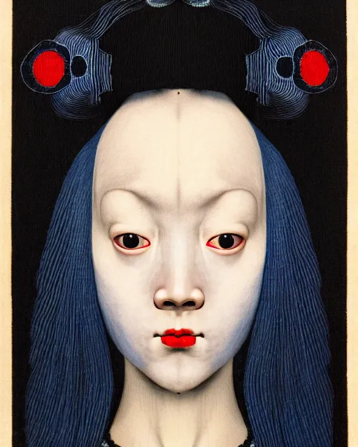 Image similar to symmetrical close - up portrait of a woman face with blue frizzy hair, wearing a embroidered black mask by alexander mcqueen, bjork aesthetic, masterpiece, in the style of rogier van der weyden and jacopo da pontormo, cyberpunk, asian art