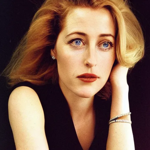 Image similar to photo of a gorgeous 20-year-old Gillian Anderson with a 1970s hairstyle by Mario Testino, detailed, head shot, award winning, Sony a7R -