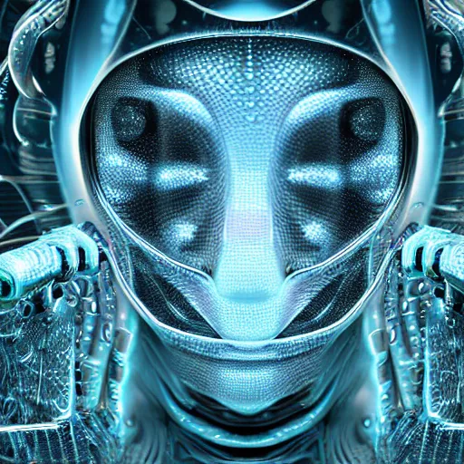 Image similar to an insanely detailed cibernetic artwork of a futuristic artificial intelligence superstar, extremely detailed water texture, centered image, perfectly symmetrical alien face, with frames made of detailed fractals, octane render, 4k, insanely detailed, detailed grid as background, cgi