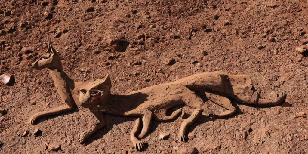 Image similar to giant metal robotic caracal 1 0 0 meters around and 1 million years old discovered after the rain washed away the sand and dirt, in a canyon in the utah desert