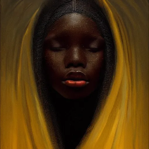 Image similar to a portrait of a young black woman wearing a long dark cloak, hood and shadows covering face, anatomically correct, beautiful perfect face, enigmatic, oil painting, matte painting, black background, Volumetric Golden dappled dynamic lighting, Highly Detailed, Cinematic Lighting, Unreal Engine, 8k, HD, by Beksinski