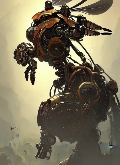 Prompt: portrait of a wasp transformer, robot steampunk, floral! horizon zero dawn machine, intricate, elegant, highly detailed, ray tracing, digital painting, artstation, concept art, smooth, sharp focus, illustration, art by artgerm and greg rutkowski and alphonse mucha, 8 k