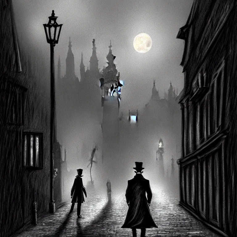 Image similar to jack the ripper lurking in a dark alleyway, holding a knife, one point perspective, full moon, foggy night, black alley cat, cobblestone road, stone arch, big ben, digital painting, hyperrealistic, macabre, spooky, trending on artstation