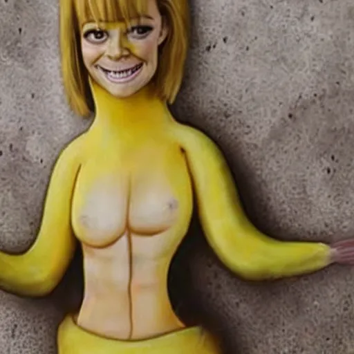 Prompt: a banana shaped like emma stone, dark humor, dalle 2 reference