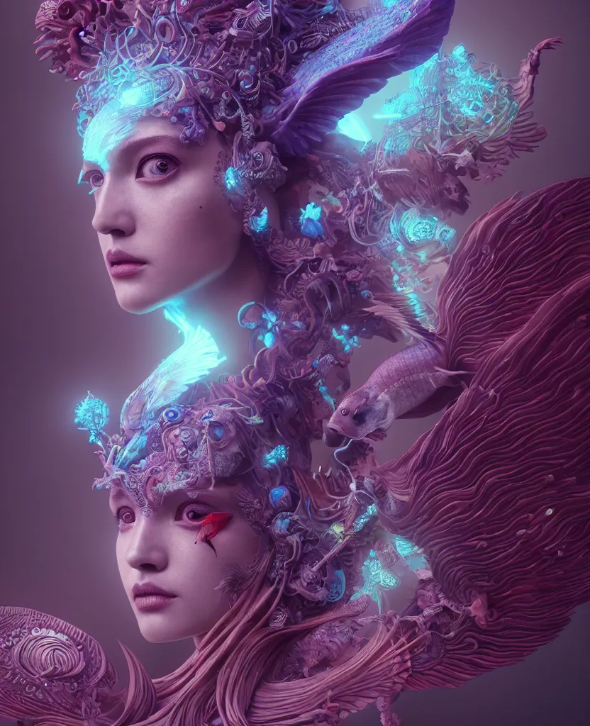 Image similar to goddess close-up portrait. orchid bird phoenix head, nautilus, skull, betta fish, bioluminiscent creatures, intricate artwork by Tooth Wu and wlop and beeple. octane render, trending on artstation, greg rutkowski very coherent symmetrical artwork. cinematic, hyper realism, high detail, octane render, 8k