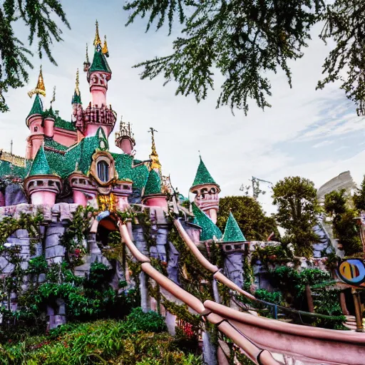 Image similar to overgrown!!!!! disneyland castle that has been unkept!!!!! for thousands of years, trending on unsplash!!!!!, 4 k photorealism, 4 k quality, intricately defined, complexly detailed