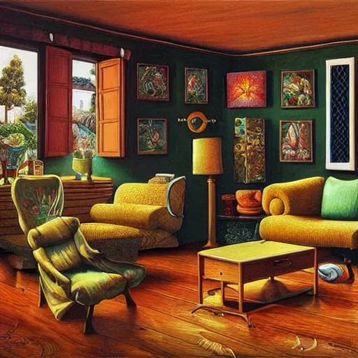 Image similar to a painting of a living room filled with furniture, a surrealist painting by jacek yerka, cgsociety, fantastic realism, surrealist, detailed painting