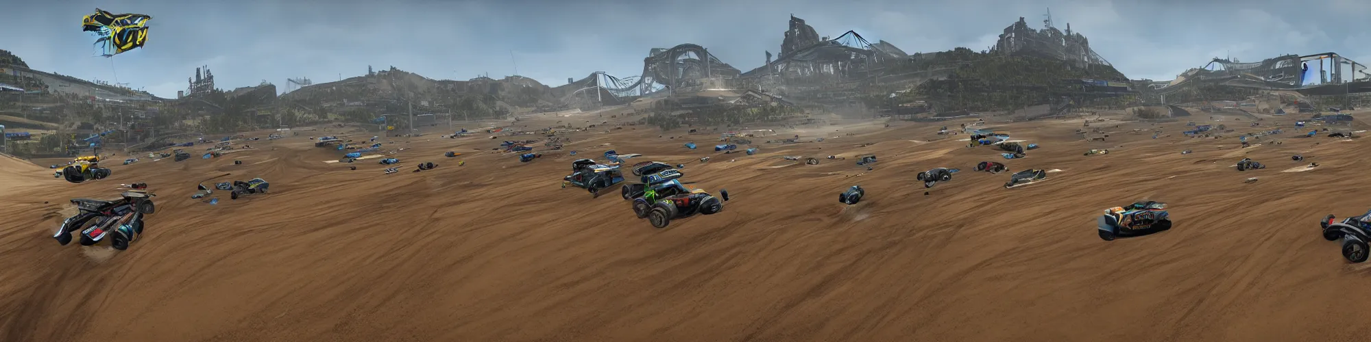 Prompt: panorama view of a race track in Motorstorm game, no vehicles, 360*