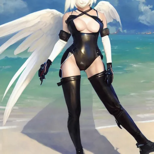 Image similar to greg manchess painting of a 2 yorha type a no. 2 as mercy from overwatch wearing skintight leather jacket in a beach, white long hair, large white wings, painting, trending on artstation, by huang guangjian and gil elvgren and sachin teng