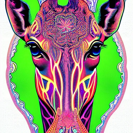 Prompt: a symmetrical neon portrait illustration of a giraffe trending on artstation 4 k intricate extremely detailed digital art by alex grey