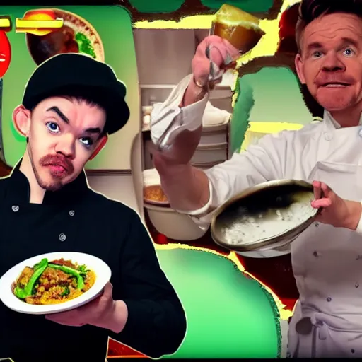 Image similar to Jacksepticeye cooks a 5 star meal, Gordon Ramsay is impressed and in shock