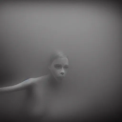 Image similar to sea monster, wide angle, pov underwater, visceral, abomination, pale skin, dark and foggy water, misty, dark, dramatic,'silent hill ', big eyes, terrifying, horrific, cinematic