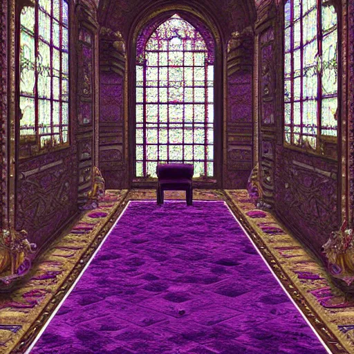 Prompt: Digital art of the opulent throne room Imperial matte finish, ominous dramatic wide angle, god rays stained glass Marc Simonetti purple rugs