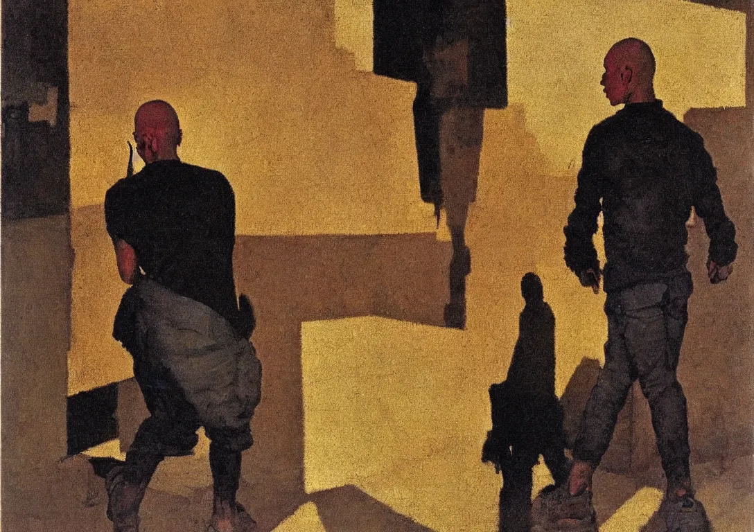 Prompt: a punk latino skinhead following a watchful light through the streets of a city, muted color scheme, sparse detail, by george luks, joan miro and moebius