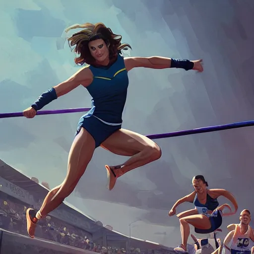 Prompt: Mariska Hargitay pole vaulting at a track and field event by Stanley Artgerm Lau, WLOP, Rossdraws, Frank Frazetta, Andrei Riabovitchev, Marc Simonetti, trending on artstation.