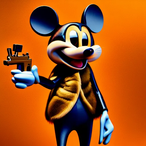 Image similar to 3d anthropomorphic rat, disney pixar, holding pistol, velvet, fur coat, high quality, golden necklace, fendi, high fashion