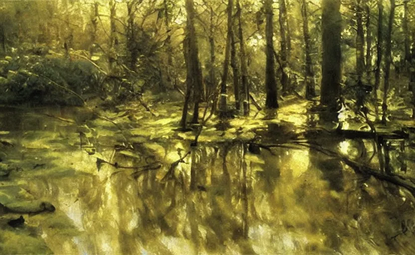 Prompt: oil painting by anders zorn, wild forest, very very very very beautiful art, dramatic light, strong shadows, reflections