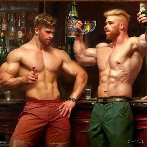 Image similar to attractive muscular male with brunet hair and attractive muscular male with blond hair. pants and shorts, drinking their hearts out, in a pub, close shot, very defined and detailed painting by gaston bussiere, j. c. leyendecker, craig mullins 8 k