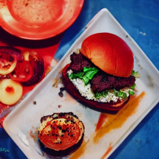 Prompt: photo tasty blue and red burger, food photography cinestill, 800t, 35mm, full-HD