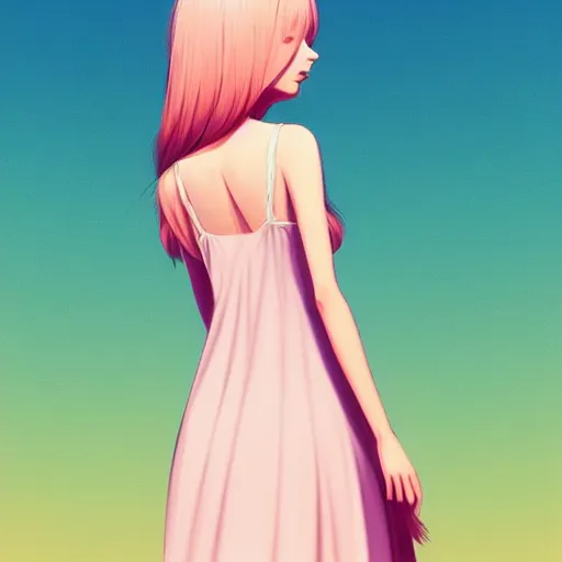 Image similar to happy adult female in sundress, summer dress, pastel light pink very long hair, muted colors, matte print, pastel colors, ornate, digital art, digital painting, fan art, elegant, artstation, head is centered, by Ilya Kuvshinov