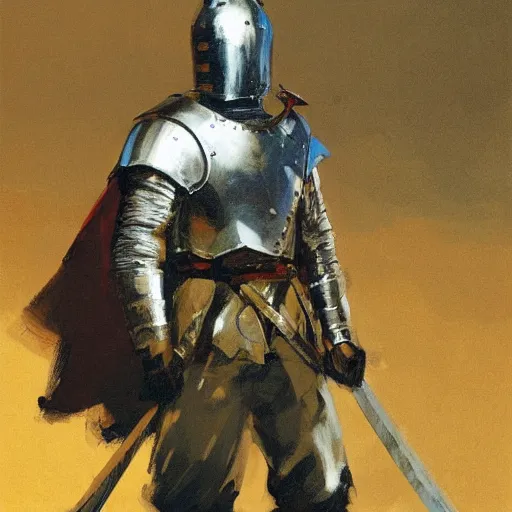 Prompt: man wearing gambeson and sallet helmet and raised sword, detailed by greg manchess, craig mullins, bernie fuchs, walter everett