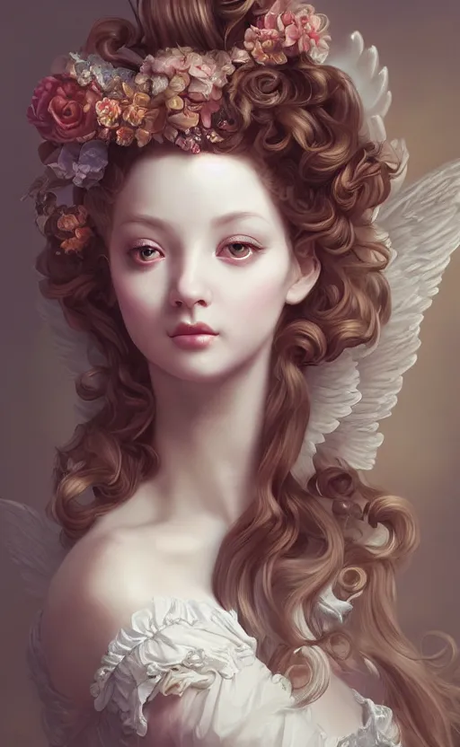 Image similar to pop surrealism, rococo, baroque hair, angelic young female seductive - fine - face, pretty face, key visual, realistic shaded perfect face, fine details by stanley artgerm lau, wlop, mark ryden, andrei riabovitchev, marc simonetti, and sakimichan, trending on artstation