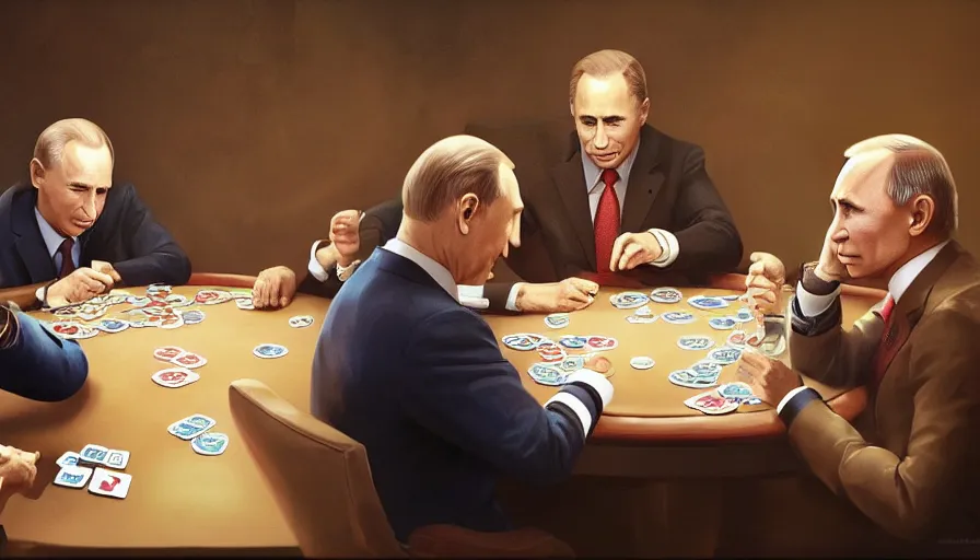 Image similar to Joe Biden, Vladimir Putin and Xi Jinping playing poker, hyperdetailed, artstation, cgsociety, 8k