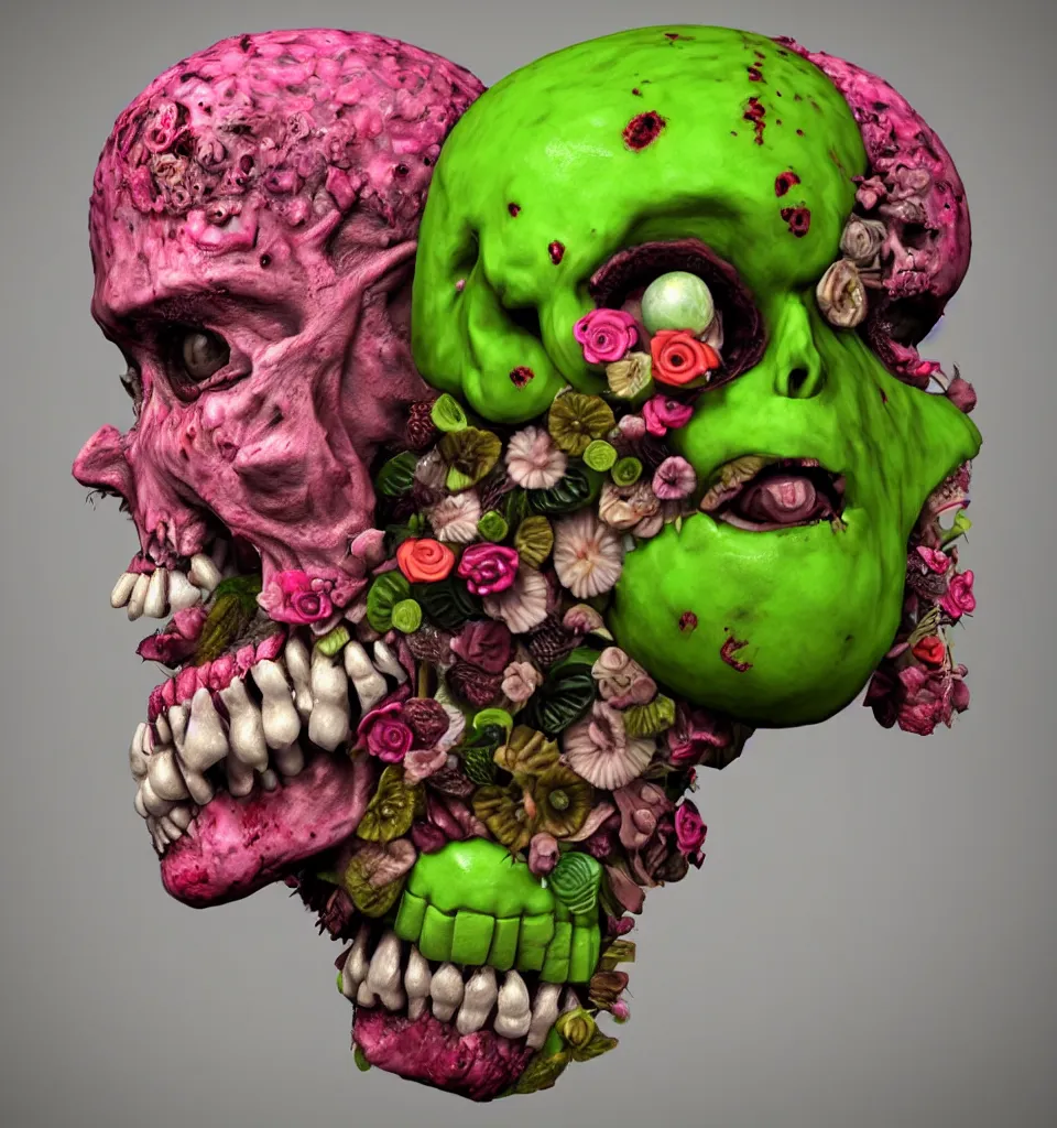 Prompt: portrait headshot of a zombie punk, head made of fruit and flowers in the style of arcimboldo, photorealistic, dynamic lighting, action figure, clay sculpture, claymation, pink and green gradient background, trending on artstation