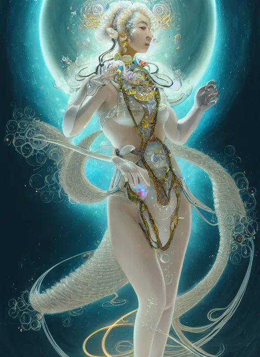 Prompt: porttait of a beautiful celestial Brazilian Japanese pearlescent multiversal Goddess wearing a futuristic luxurious Renaissance suit exposed in cryo chambers, ethereal and mecha theme, intricate, elegant, highly detailed, centered, digital painting, lush Japanese landscape, sakura season, Kyoto inspired, artstation, concept art, smooth, sharp focus, illustration, by Peter Mohrbacher, close-up, feminine slim figure, fancy