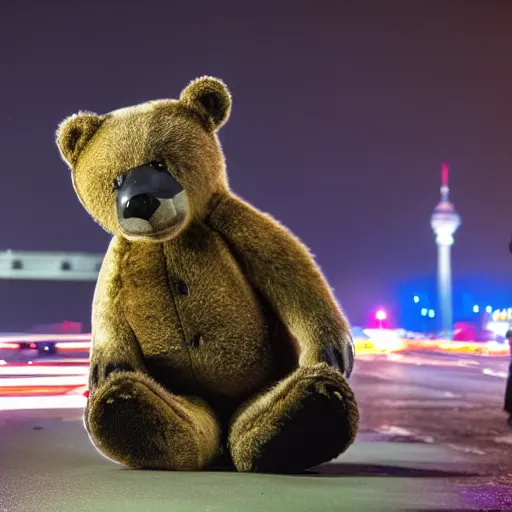 Prompt: a drunk bear in Berlin at night, 8k photography, award winning photo, highly detailed