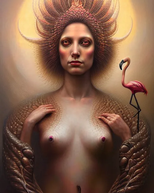 Image similar to a detailed portrait of dreampunk flamingo python hybrid mix beautiful! goddess by tomasz alen kopera and peter mohrbacher