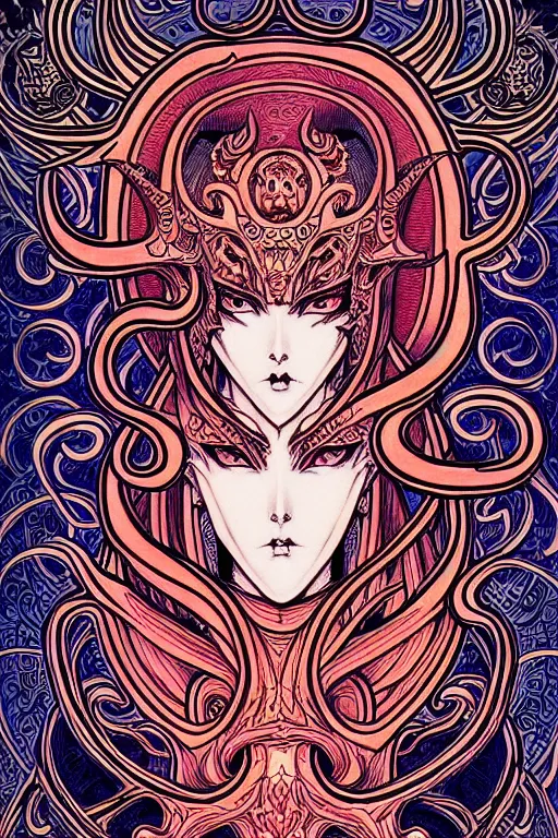 Image similar to demon, occult design with ornate pattern background, intricate linework, in the style of moebius, ayami kojima, 9 0's anime, retro fantasy