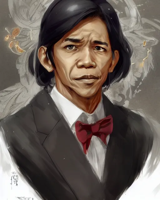 Image similar to an anime portrait of obama as a beautiful man wearing a filipino traditional barong tagalog from skyrim, by stanley artgerm lau, wlop, rossdraws, james jean, andrei riabovitchev, marc simonetti, and sakimichan, trending on artstation
