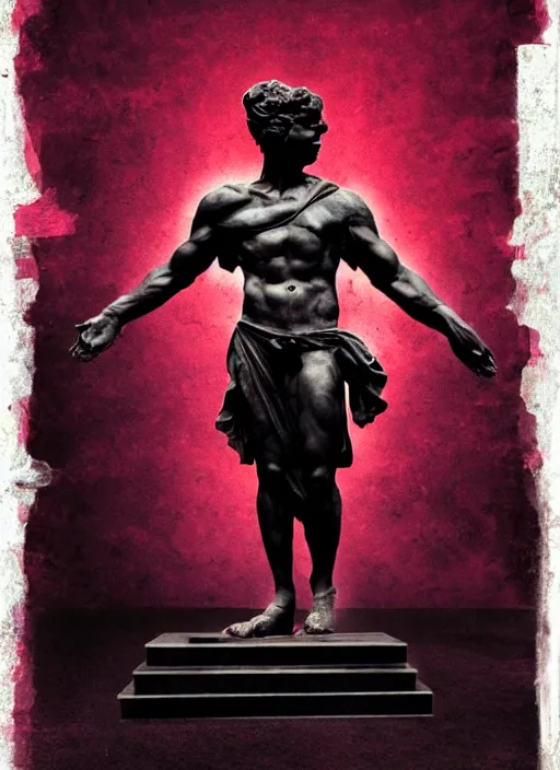 Image similar to dark design poster showing a greco roman statue, black background with very subtle red and purple design elements, powerful, nekro, vito acconci, thin straight lines, dark, glitch art, neo vaporwave, gritty, layout frame, square, trending on artstation