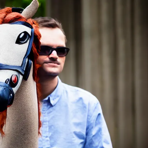 Image similar to man wearing horse head mask on shoulder of man