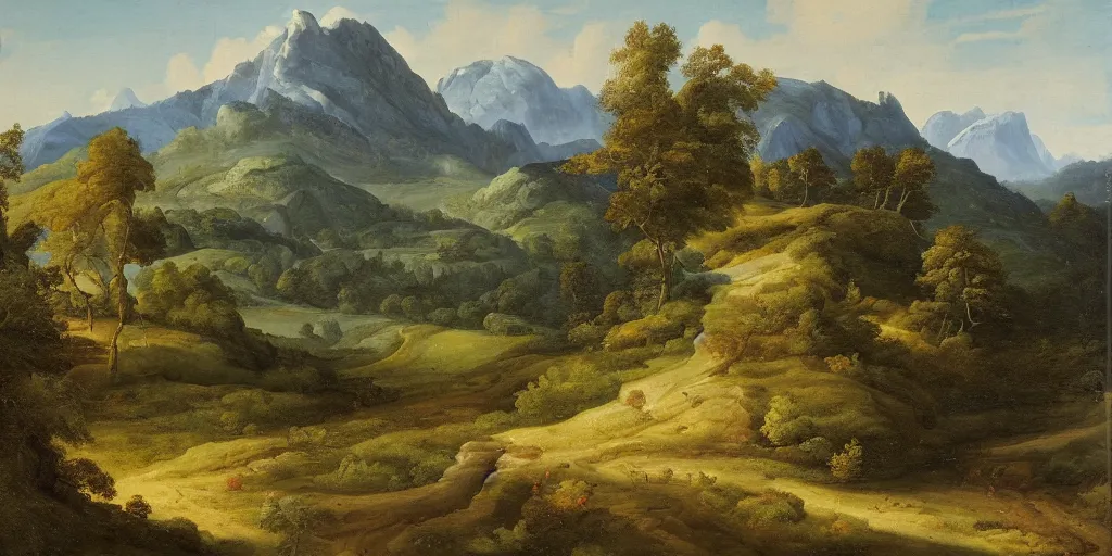 Image similar to a dramatic landscape painting of a mountain with a path leading into fields and forest, by joachim patinir, oil on canvas, highly detailed, hd, 4 k