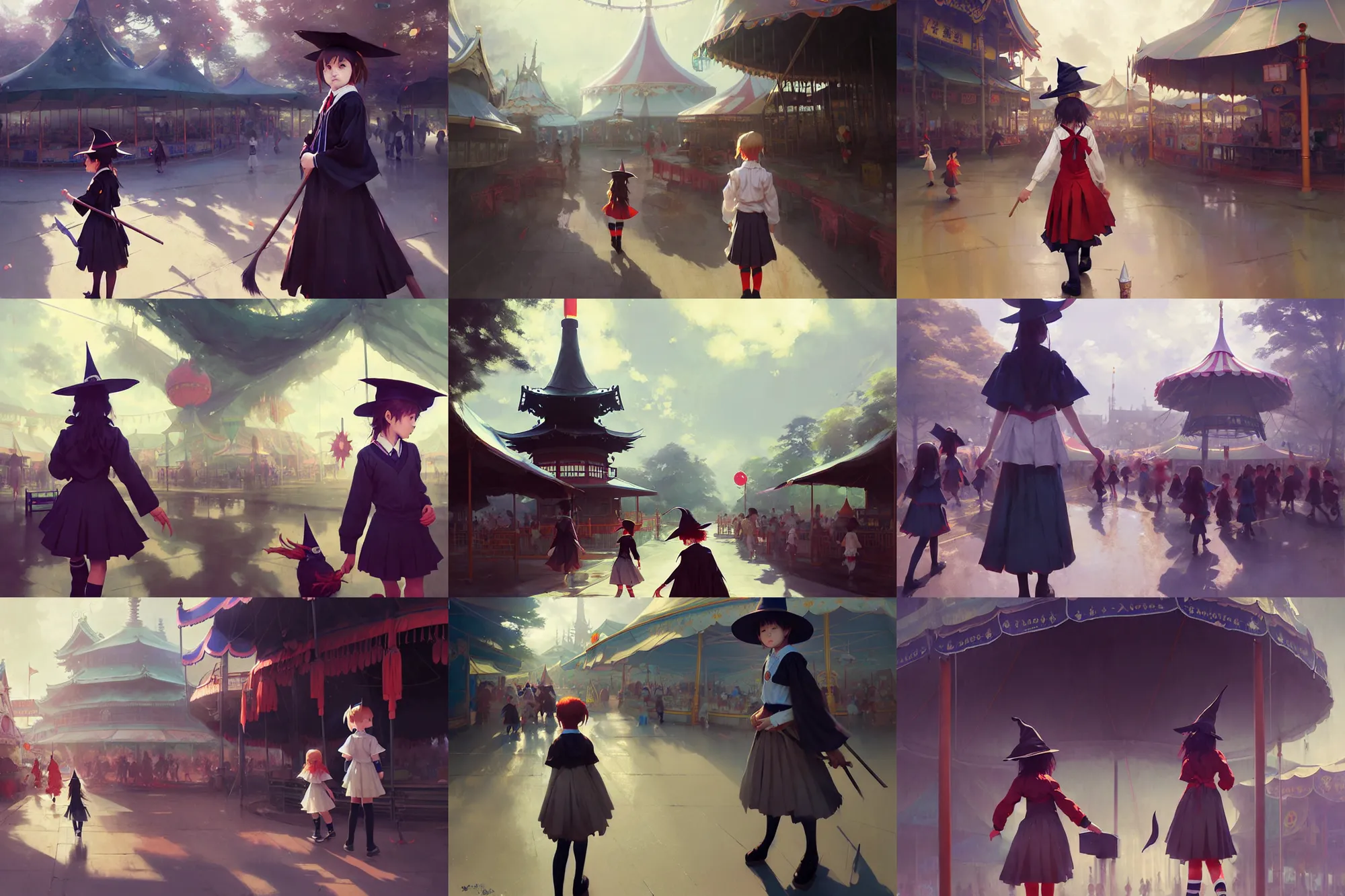 Prompt: young student witch wearing magic school uniform patrolling around small town carnival amusement, food stalls, big top circus tent, highly detailed, magical, japan, digital painting, concept art, matte, art by ruan jia and wlop and greg rutkowski and makoto shinkai, masterpiece