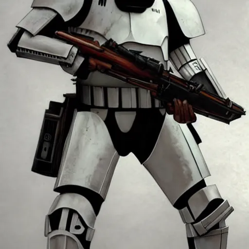 Image similar to full body shot of an imperial stormtrooper in battle position ready to shoot his blaster concept art by Doug Chiang cinematic, realistic painting, high definition, very detailed, extremely high detail, photo realistic, concept art, the Mandalorian concept art style