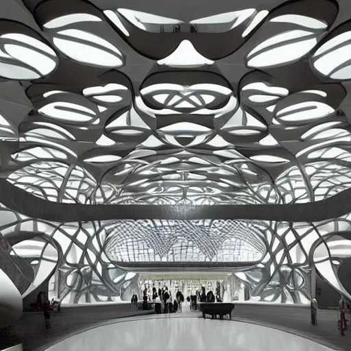 Image similar to extremely detailed ornate stunning beautiful elegant futuristic museum lobby interior by Zaha Hadid