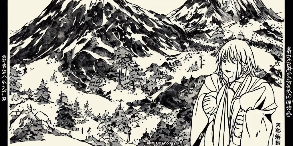 Prompt: JK girl face the huge god of mountain, snow, campfire, japanese manga style.